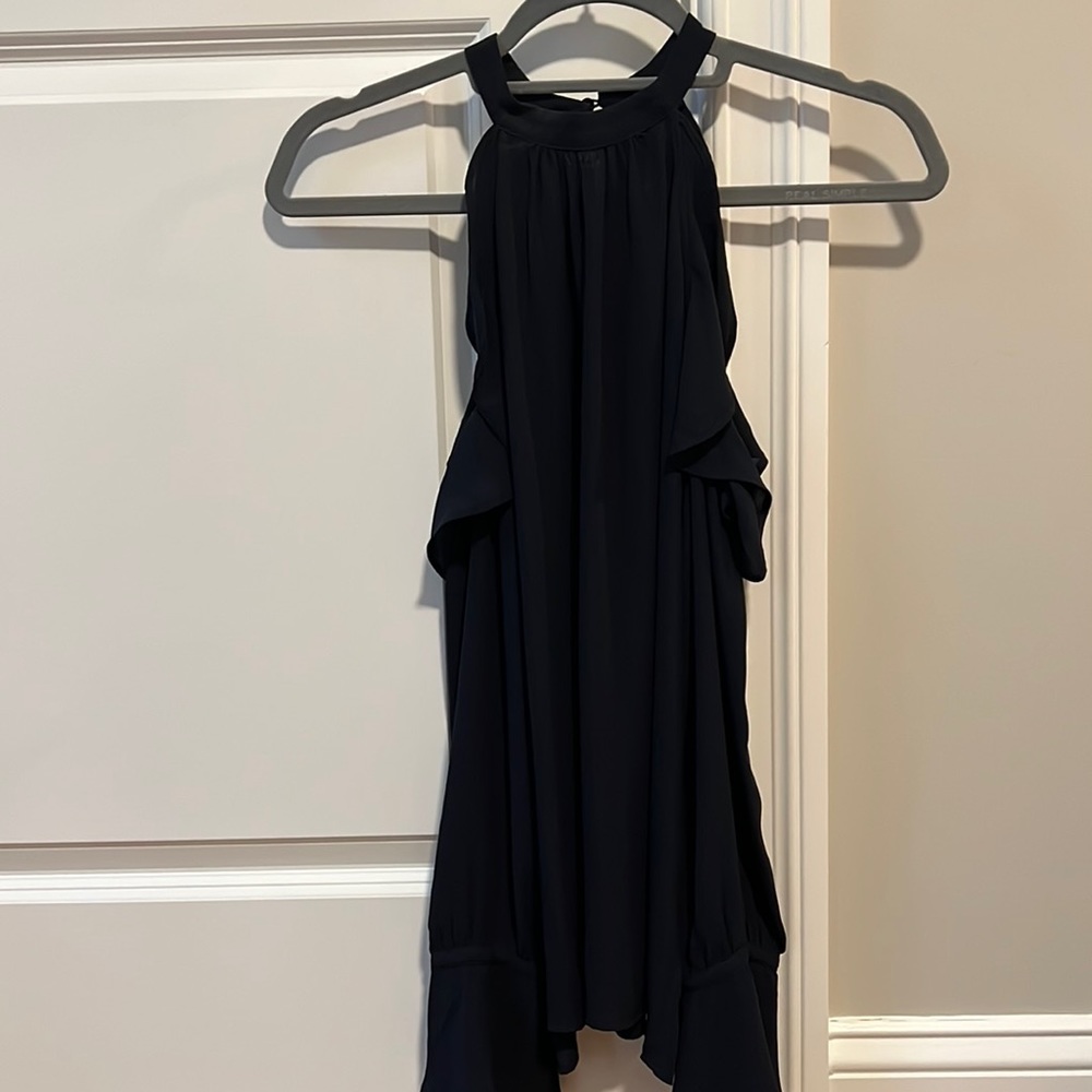 Navy off the shoulder long sleeve ruffle top.